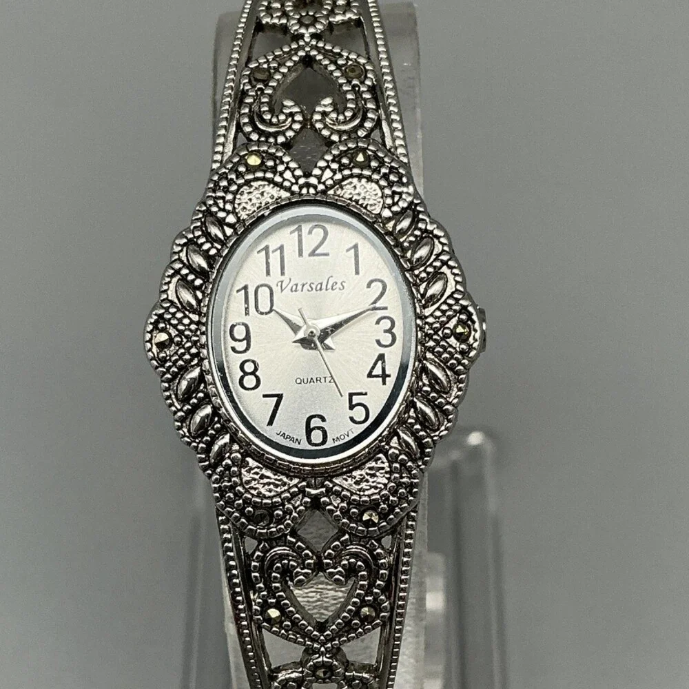 Varsales Womens Watch 22mm Silver Dial Filigree Heart Marcasite New Battery